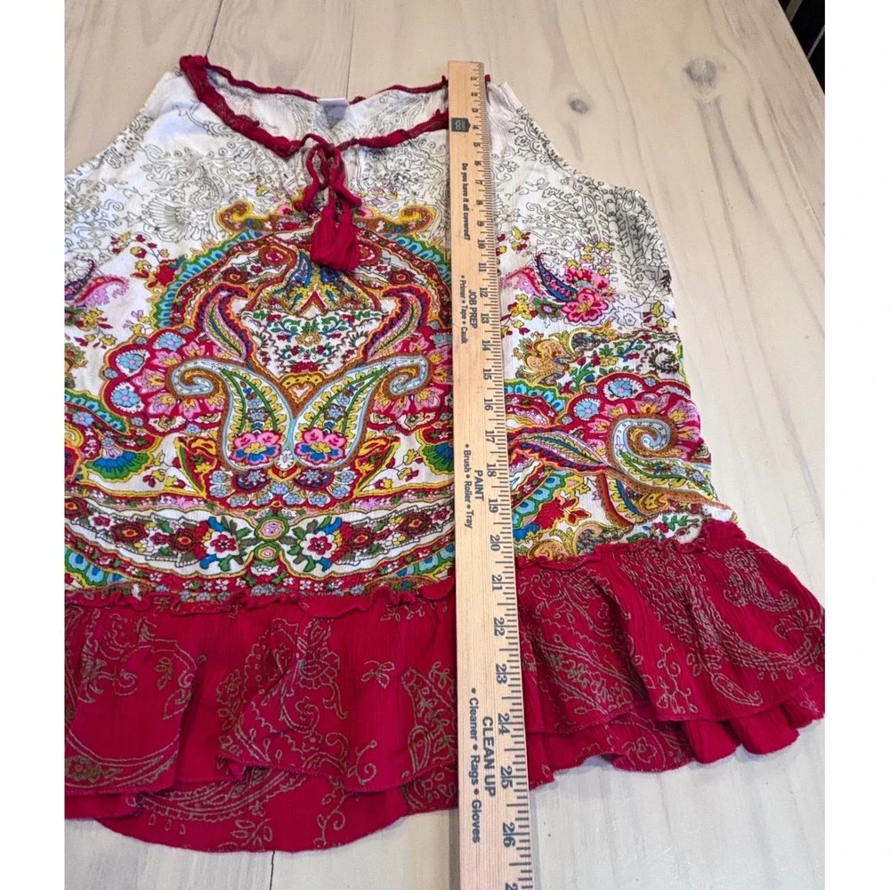 Bila Womens Large Boho Paisley Sleeveless Tassel Tie Neck Ruffle Hem Rayon Top